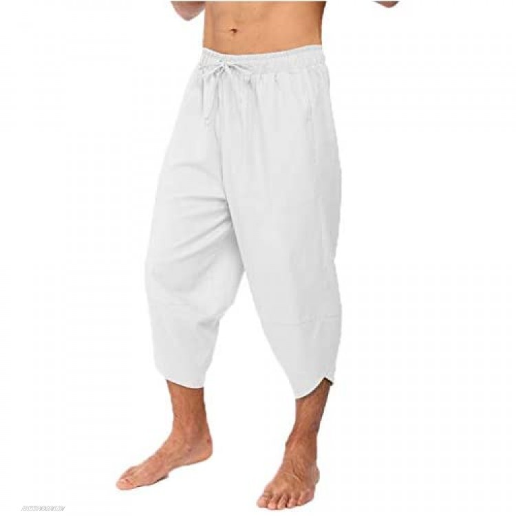 COOFANDY Men's Linen Harem Capri Pants Lightweight Loose 3/4 Shorts Drawstring Elastic Waist Casual Beach Yoga Trousers