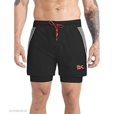 BROKIG Mens 2-in-1 Gym Running Shorts Lightweight Workout Athletic Shorts Elastic Waistband with Pockets