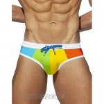 MIZOK Men's Rainbow Strips Nylon Bikini Swim Briefs Drawstring Sexy Low Rise Swimwear