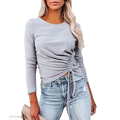 BXYIZU Women’s Casual Long Sleeve Tunic Tops Side Drawtring Ribbed-Knit Sweatshirt Solid Slim Fit Shirts