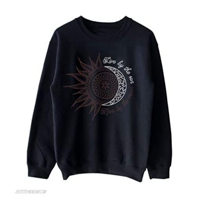 Cute Sun Moon Print Graphic Shirts for Women Casual Live by The Sun Love by The Moon Letter Printing Long Sleeve Pullover