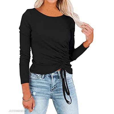 ELIPHONIC Womens Long Sleeev Sweatshirt Side Drawtring Casual Tunic Tops Slim Fit Ribbed Shirts