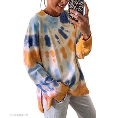 GOLDPKF Women Tie Dye Crewneck Pullover Sweatshirt Casual Color Block Loose Long Sleeve Tops
