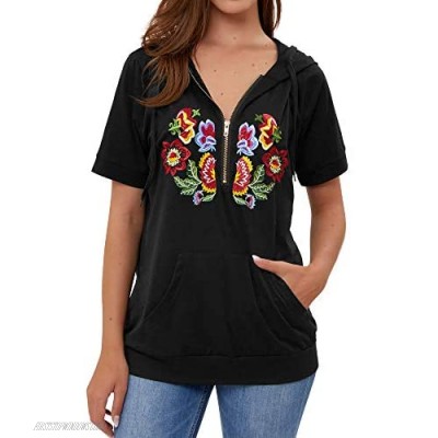 MYMORE Women's Floral Embroidery Shirt Drawstring Half Zip Up Long Sleeve Pullover Sweatshirt Top with Pockets