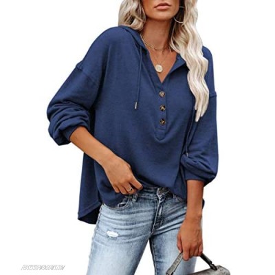 REVETRO Oversized Hoodies Plus Size Tops Women V Neck Button Down Long Sleeve Shirt Henly Sweatshirt Tops With Drawstring Blue XX-large