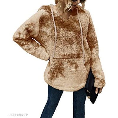 SENSERISE Womens Fuzzy Fleece Hoodie Tie Dye Sherpa Pullover V Neck Oversized Sweatshirt with Pockets