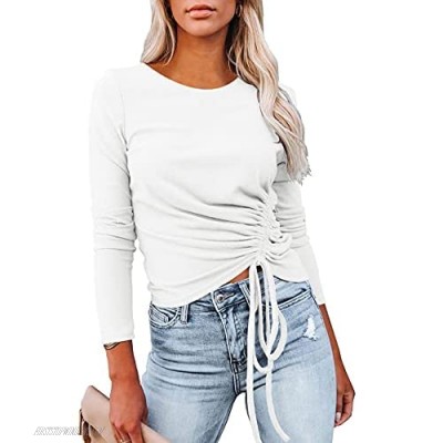 Sounity Women’s Long Sleeve Round Neck Sweatshirt Side Drawstring Ribbed Tunic Tops Solid Slim Fit Shirts