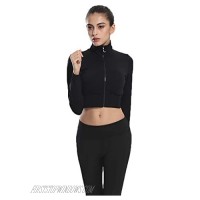 Urhapc Women's Workout Crop Top Fitted Pullover Zip Up Long Sleeve Sweetshirt Black