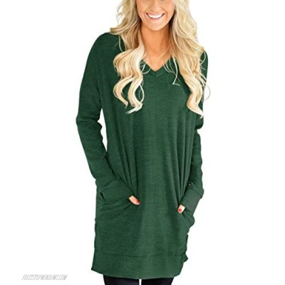 XUERRY Womens Casual V-NECK Long Sleeves Pocket Solid Color Sweatshirt Tunics Blouse Tops