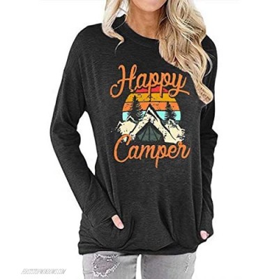 YAXIYA Women's Happy Camper Casual Long Sleeve Graphic T Shirt Tops Tees Pullover Sweatshirt