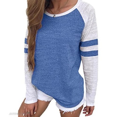 YOTGAP Women's Baseball Tees Shirts Long Sleeve Color Block Loose Tunics Blouses Tops Blue M