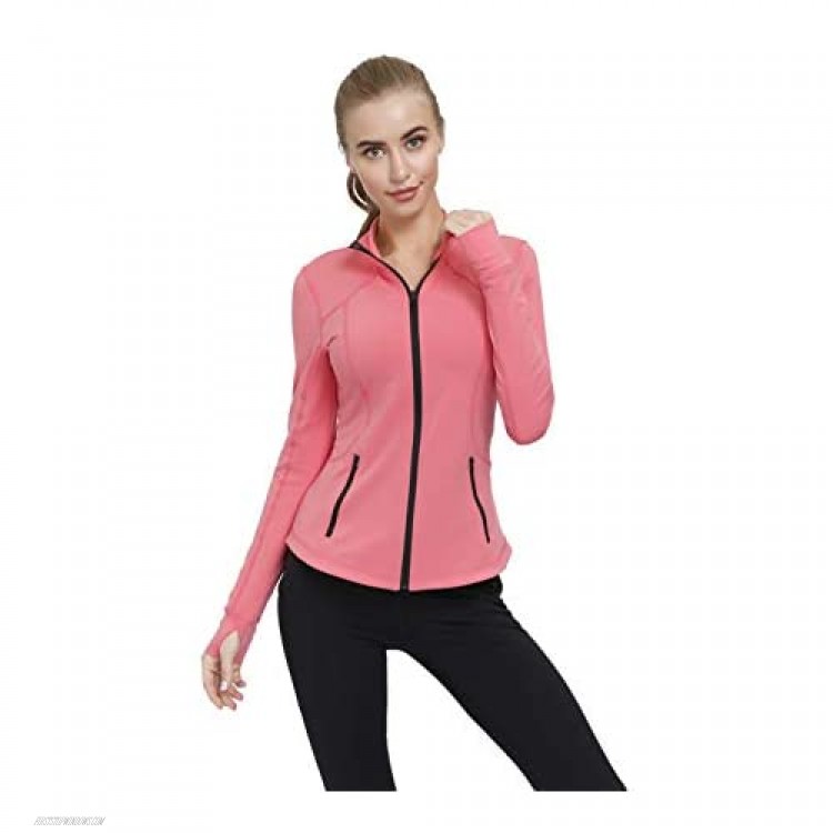 Dolcevida Women's Midweight Slim Fit Workout Track Jackets Full Zip Stretchy Warm up Active Running Jacket with Thumb Holes