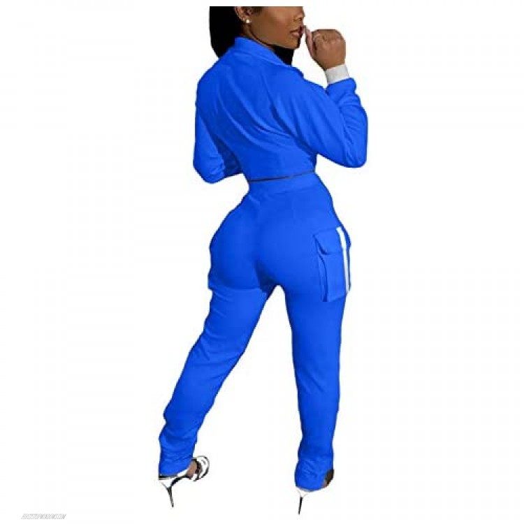 2 Piece Casual Solid Color Outfits Set for Womens Long Sleeve Zipper Jacket Bodycon Pants Clubwear Tracksuit Sportswear (Blue M)
