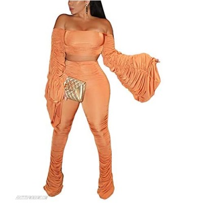 2 Piece Solid Outfits for Women Off The Shoulder Flared Sleeve Crop Top and Stacked Pants Set