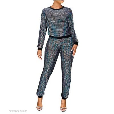 Adogirl Womens Sexy 2 Piece Outfits Glitter Sequin Metallic Top and Pants Set Bodycon Jumpsuit Romper Clubwear