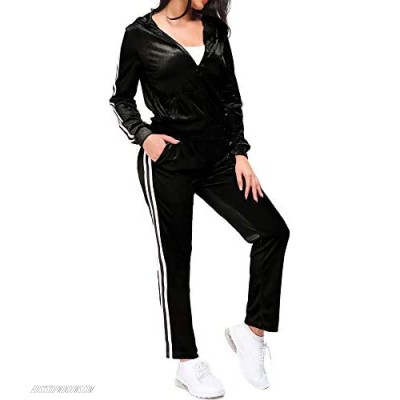 GOSOWomen Sweatsuits Sets 2 Piece Tracksuit Velvet Stripe Zipped Hooded Sweatshirts & Pants Set for Sport Black Small