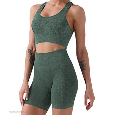 KIWI RATA Workout Outfits for Women 2 Piece Seamless Yoga Set Athletic Gym Running Short Padded Crop Tops