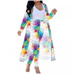 LKOUS Women 2 Piece Outfit Floral Long Sleeve Open Front Kimono Cardigan and Bodycon High Waisted Long Pants Clubwear