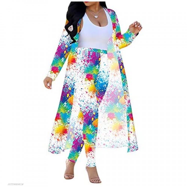 LKOUS Women 2 Piece Outfit Floral Long Sleeve Open Front Kimono Cardigan and Bodycon High Waisted Long Pants Clubwear