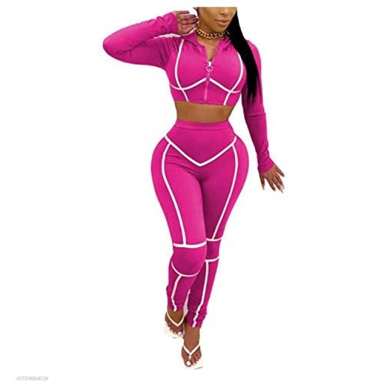 Nhicdns Jogging Suits for Women V Neck Striped Zip Up Crop Top Hoodie High Waist Bodycon Leggings Tracksuit Set