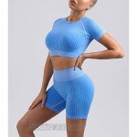 OLCHEE Women's 2 Piece Seamless Workout Outfits Short Sleeve Crop Tops and High Waist Shorts Vertical Stripe Yoga Sets