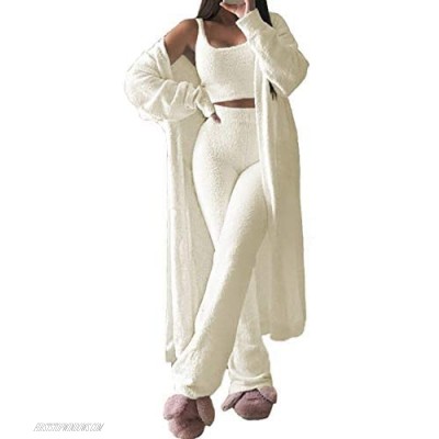 Pink Wind Women's Fuzzy 3-Piece Sweatsuit Outfits Open Front Cardigan Crop Top Wide Legs Pants Loungewear Sets