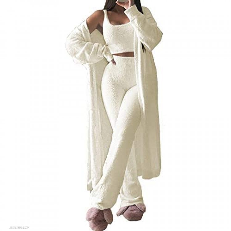 Pink Wind Women's Fuzzy 3-Piece Sweatsuit Outfits Open Front Cardigan Crop Top Wide Legs Pants Loungewear Sets