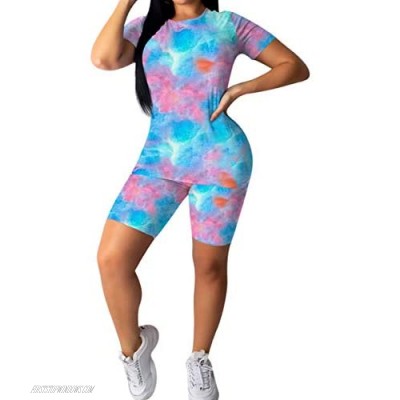 Shorts Set for Women Two Piece Outfits- Summer Tie Dye Print T-Shirts + Skinny Pants Jogger Tracksuit Sets