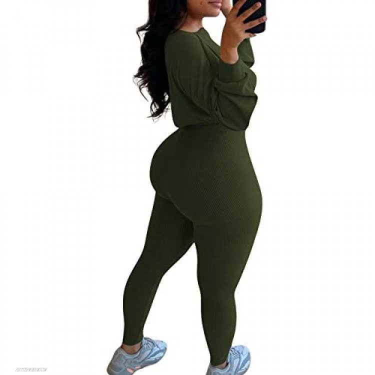 Two Piece Outfits for Women Ribbed Pullover Crop Top Jogger Pants Matching Yoga Sweatsuits Workout Sets Sportswear