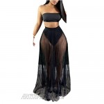 Women 2 Piece Outfits Jumpsuits See Through Sheer Mesh Sleeveless Blouse Tops + Long Skirts Swimsuit