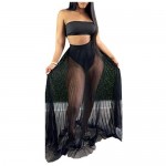 Women 2 Piece Outfits Jumpsuits See Through Sheer Mesh Sleeveless Blouse Tops + Long Skirts Swimsuit
