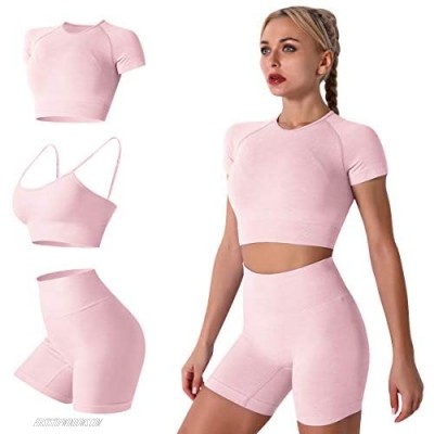 Women 2 Pieces Yoga Workout Outfit Seamless Sports Bra Crop Top + High Waist Leggings Shorts Athletic Gym Clothes Set