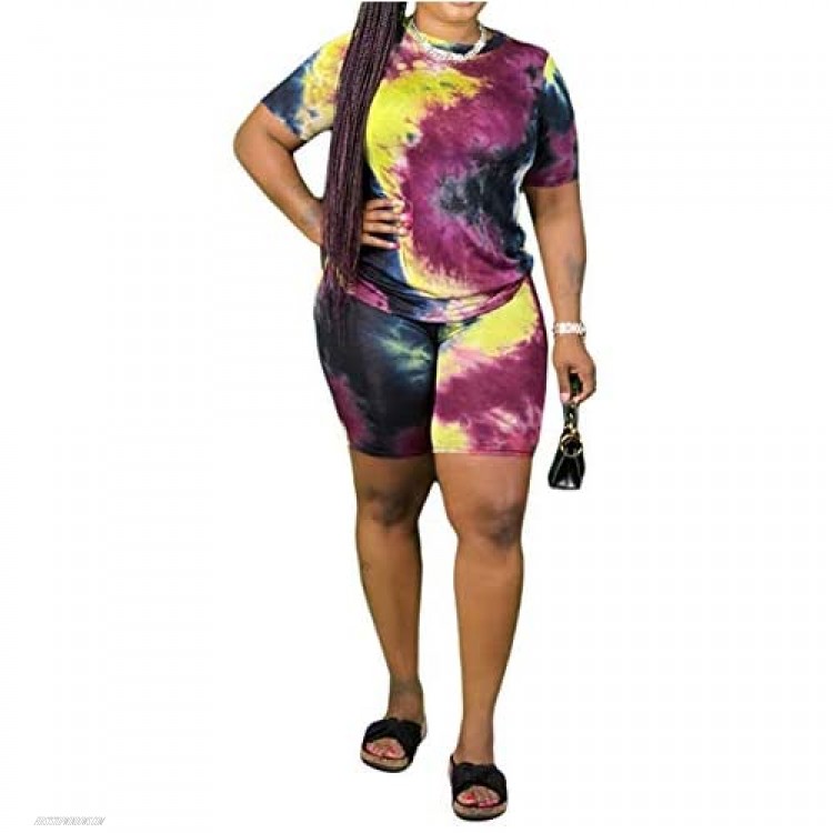 Women Plus Size Two Piece Tie Dye Short Sleeve Pullover Tops + Bodycon Shorts Casual Tracksuit Sportswear Sets