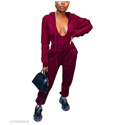 Women Sexy 2 Piece Outfits Button Long Sleeves Deep V Neck Hoodie Drawstring Sweatpant Sports Tracksuit Sets