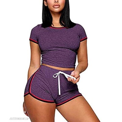 Womens 2 Piece Shorts Sets Tracksuit Sport Yoga Joggers Short Sleeve Crop Top+Shorts Casual Activewear