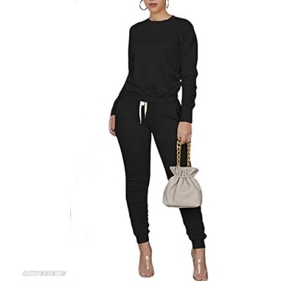 Womens 2 Piece Solid Color Tracksuit Long Sleeve O-Neck Top Drawstring Sweatpant