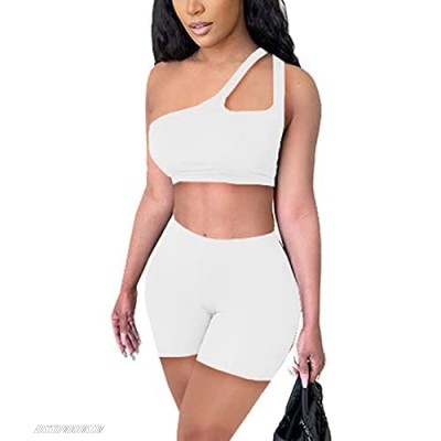 Women's 2 Pieces Workout Outfit One Shoulder Bodycon Tracksuit Crop Top Short Pants Homewear Sets