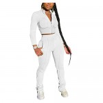 Womens Casual Solid Color 2 Piece Outfits Set Zipper Jacket Bodycon Pants Clubwear Tracksuit Sportswear (White L)