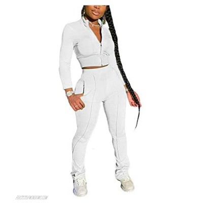Womens Casual Solid Color 2 Piece Outfits Set Zipper Jacket Bodycon Pants Clubwear Tracksuit Sportswear (White L)