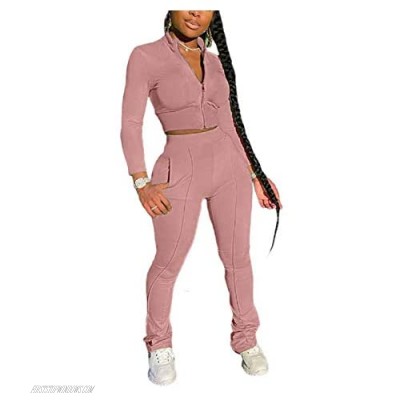 Womens Casual Solid Color 2 Piece Outfits Set Zipper Jacket Bodycon Pants Clubwear Tracksuit Sportswear (Dirty Pink M)