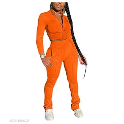 Womens Casual Solid Color 2 Piece Outfits Set Zipper Jacket Bodycon Pants Clubwear Tracksuit Sportswear (Orange S)