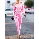 Womens Fall Rib-Knit Long Sleeve Pullover Sweater Top Drawstring Long Pants Set Two Piece Outfits Workout Tracksuit