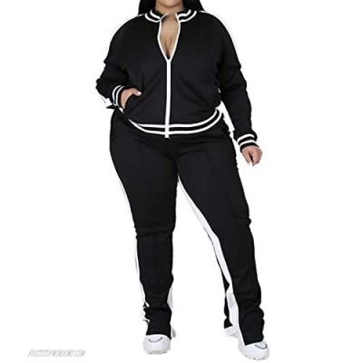 Women's Plus Size 2 Piece Tracksuit Outfits Zipper Stripe Long Sleeve Sweatshirt and Split Long Sweatpant Sets