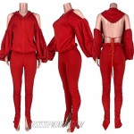 Womens Sexy Cold Shoulder Zip Up Hoodie Jacket Two Piece Outfits Skinny Long Stacked Pants Tracksuit Set Clubwear