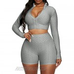 Women's Sexy Two Piece Sweatsuits Ribbed Long Sleeve Zip UP Crop Tops and High Waist Shorts Sport Workout Set