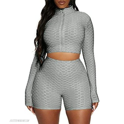 Women's Sexy Two Piece Sweatsuits Ribbed Long Sleeve Zip UP Crop Tops and High Waist Shorts Sport Workout Set