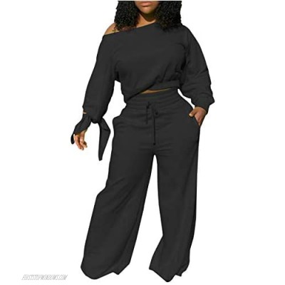 Women’s Solid Two Piece Outfit Long Sleeve Skew Neck Pullover Tops and Drawstring Long Pants Tracksuits Sport Jumpsuits