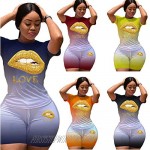 Womens Summer 2 Piece Outfits Gradient Lip Print T Shirt Bodycon Short Set Casual Tracksuit