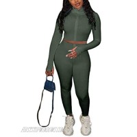Womens Tracksuit Set Two Piece Outfits Long Sleeve Ribbed Zip Up Crop Top + Skinny Long Pants Set Sweatsuits