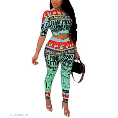 Yeshire Women's Crew Neck Short Sleeve Crop Top and Pants Sets Letters Print Bodycon 2 Piece Outfit Sports Tracksuits